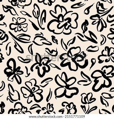 Abstract painted modern flowers with leaves seamless repeat pattern. Random placed, contemporary vector botanical drawning all over surface print on beige background. 