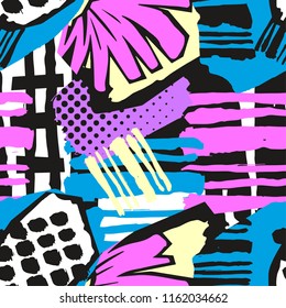 Abstract painted seamless rough grunge pattern, modern design template. Hipster trendy painted style texture, poster with different doodle elements.Urban bright youth textiles sample