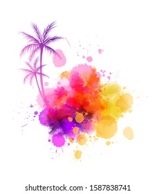 Abstract painted splash shape with palm tree silhouettes. Travel concept.