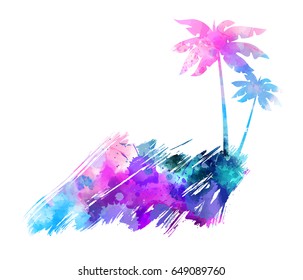 Abstract painted splash shape with palm silhouettes. Travel concept grunge background. Multicolored watercolor imitation vector illustration.