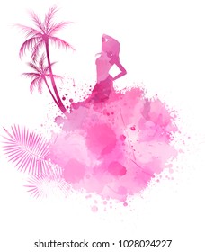 Abstract painted splash shape with silhouettes. Travel concept - partying girl, palm trees. Pink colored. Vector illustration.