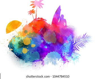 Abstract painted splash shape with silhouettes. Travel concept - surfing, palm trees, sun umbrella. Multicolored. 