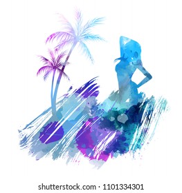 Abstract painted splash shape with silhouettes. Travel concept - palm trees, partying girl. Multicolored watercolor imitation vector illustration.