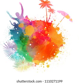 Abstract painted splash shape with silhouettes. Travel concept - partying, palm trees, sun umbrella. Multicolored. Vector illustration.