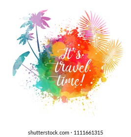 Abstract painted splash shape with silhouettes. Travel concept - palm trees, palm leaves, sun umbrella. Orange and teal colored.