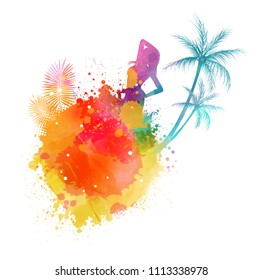 Abstract painted splash shape with silhouettes. Travel concept - partying girl, palm trees. Multicolored. Vector illustration.