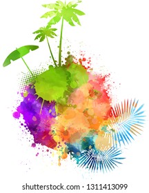 Abstract painted splash shape with silhouettes. Travel concept - palm trees, palm leaves, sun umbrella. Multicolored.