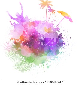 Abstract painted splash shape with silhouettes. Travel concept - partying, palm trees, sun umbrella. Multicolored. 