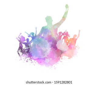 Abstract painted splash shape with silhouettes. Party concept - dancing people.