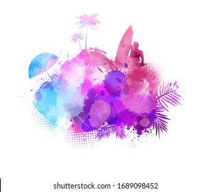 Abstrakte gemalte Splash-Form mit Silhouetten. Reisekonzept - Feiern, Palmen, Sonnenschirm. Sommernachtparty-Konzept