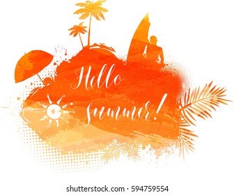 Abstract painted splash shape with silhouettes. Travel concept - surfing, palm trees, sun umbrella. Orange colored. Vector illustration.