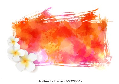 Abstract painted splash shape with silhouettes. Travel concept - tropical flowers - frangipani. Multicolored.