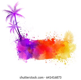 Abstract painted splash shape with silhouettes. Travel concept - palm trees. Multicolored watercolor imitation vector illustration. 
