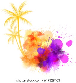 Abstract painted splash shape with silhouettes. Travel concept - palm trees. Multicolored watercolor imitation vector illustration.