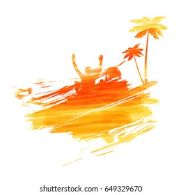 Abstract painted splash shape with silhouettes. Travel concept - palm trees, partying people. Multicolored watercolor imitation vector illustration. 