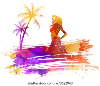 Abstract painted splash shape with silhouettes. Travel concept - palm trees, partying girl. Multicolored watercolor imitation vector illustration.