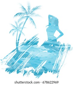 Abstract painted splash shape with silhouettes. Travel concept - palm trees, partying girl. Multicolored watercolor imitation vector illustration.