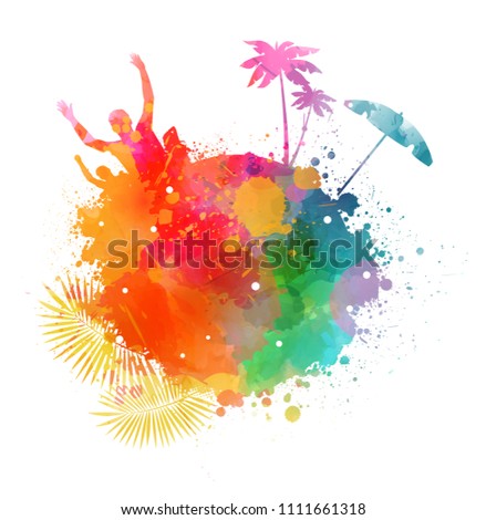 Abstract painted splash shape with silhouettes. Travel concept - partying, palm trees, sun umbrella. Multicolored. Vector illustration.