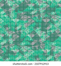 Abstract painted vector glitch style seamless pattern background. Variegated green backdrop with overlapping bold brush stroke and burlap overlay blend. Scribble imperfect texture all over print