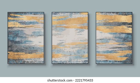 Abstract painted wall art set. Posters, covers, prints. Watercolor hand drawn background. Creative colorful, gold, blue, beige art triptych. Vector illustration.