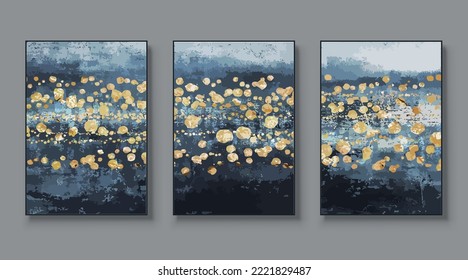 Abstract painted wall art set. Posters, covers, prints. Watercolor hand drawn background. Creative colorful, gold, blue, beige art triptych. Vector illustration.