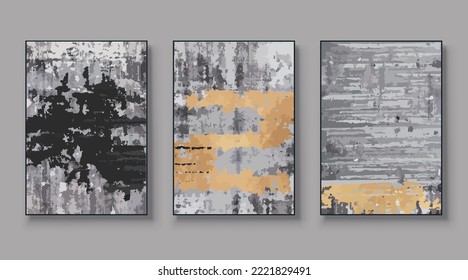 Abstract painted wall art set. Posters, covers, prints. Watercolor hand drawn background. Creative colorful, gold, blue, beige art triptych. Vector illustration.