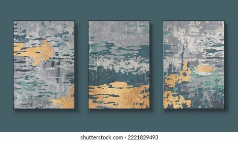 Abstract painted wall art set. Posters, covers, prints. Watercolor hand drawn background. Creative colorful, gold, blue, beige art triptych. Vector illustration.