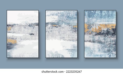 Abstract painted wall art set. Posters, covers, prints. Watercolor hand drawn background. Creative colorful, gold, blue, grey art triptych. Vector illustration.