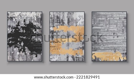 Abstract painted wall art set. Posters, covers, prints. Watercolor hand drawn background. Creative colorful, gold, blue, beige art triptych. Vector illustration.