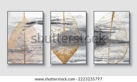 Abstract painted wall art set. Posters, murals, prints. Watercolor hand drawn background. Creative colorful, golden leaves, grey, artistic triptych. Vector illustration.