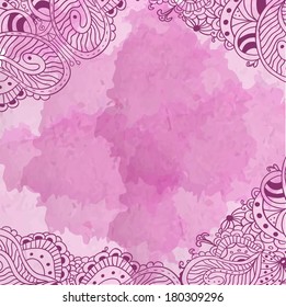 Abstract painted watercolor background with hand drawn floral elements