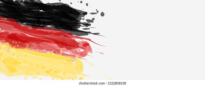 Abstract painted watercolor splashes flag of Germany Bundesflagge und Handelsflagge. Background concept for German national holidays. Template for horizontal banner.