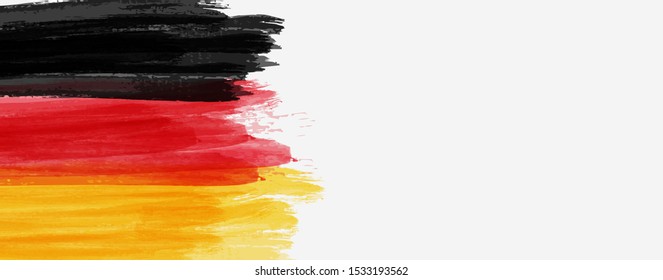 Abstrakte, lackierte Wasserfarbspritzer-Fahne der Bundesflagge und Handelsflagge. Hintergrundkonzept für deutsche Nationalfeiertage. Vorlage für horizontales Banner.