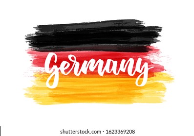 Abstract painted watercolor splashes flag of Germany Bundesflagge und Handelsflagge. Background concept for German national holidays. Abstract modern handwritten lettering text.