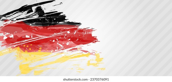 Abstrakte, lackierte Wasserfarbspritzer-Fahne der Bundesflagge und Handelsflagge. Hintergrundkonzept für deutsche Nationalfeiertage. Vorlage für horizontales Banner.