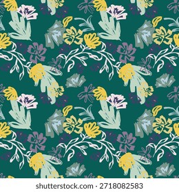 Padrão sem emenda floral de pintura abstrata com flores de pincelada. Ilustração vetorial botânica em fundo verde escuro para design têxtil, vestuário e papel de parede.
