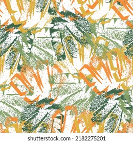 Abstract painterly graffiti spray paint style leaves seamless vector pattern background. Tropical texture backdrop with overlapping layered outline foliage. Lino print effect botanical all over print