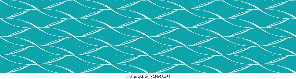 Abstract painterly lattice weave seamless border. Fine calligraphy brush interlocking woven banner. Blue white wave design. Overlapping waves with texture. For ribbon, edging, web, trim. Water concept