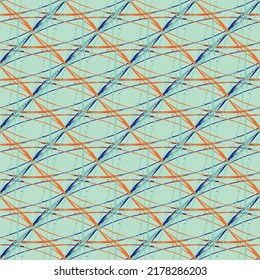Abstract painterly lattice weave seamless vector pattern Fine brush interlocking woven background. Blue orange grid wire net backdrop. Overlapping diagonal loops and lines with texture. Symmetrical.