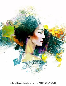  Abstract painting with asian woman and color splash