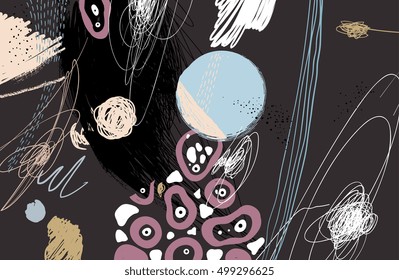 Abstract painting background. Art canvas. Memphis 80s design banner. Decorative vector art. Poster, template. Fashion trendy print. Beige, black, white, pink, blue, yellow, pink, gray, brown colors