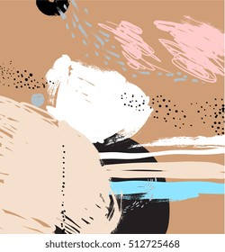 Abstract painting background. Oil paint on canvas. Memphis design banner. Retro style. Decorative vector art. Poster, template. Fashion print. Beige, black, white, pink, blue, brown colors