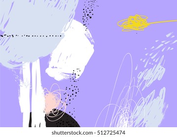 Abstract painting background. Oil paint on canvas. Memphis design banner. Retro style. Decorative vector art. Poster, template. Fashion print. Purple, black, white, pink, grey, yellow colors