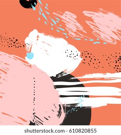 Abstract painting background. Oil paint on canvas. Memphis design banner. Retro style. Decorative vector art. Poster, template. Fashion print. Brown, black, white, pink, blue, orange colors