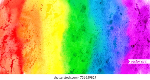 Abstract painting background. Watercolor rainbow. Hand drawn, paper texture. Vector. Colorful. Red, orange, yellow, green, blue, indigo, violet, purple, white colors. Oil paint canvas
