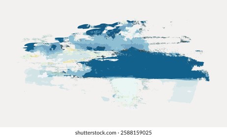 Abstract painting with blue and white brushstrokes, creating a dynamic and textured composition. Blue and white colors blend in abstract art style. Vintage art illustration, vector.