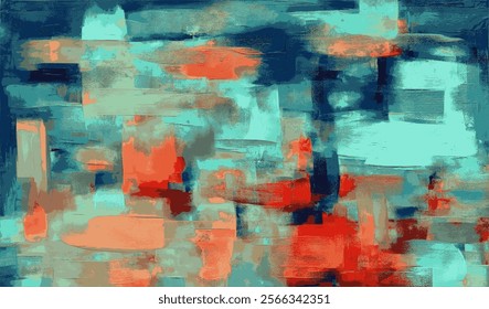 Abstract painting with bold splashes of orange, red and teal on a dark turquoise background, creating a striking and balanced composition