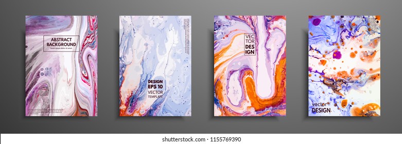 Abstract painting, can be used as a trendy background for wallpapers, posters, cards, invitations, websites. Modern artwork. Marble effect painting. Mixed blue, purple and orange paints.