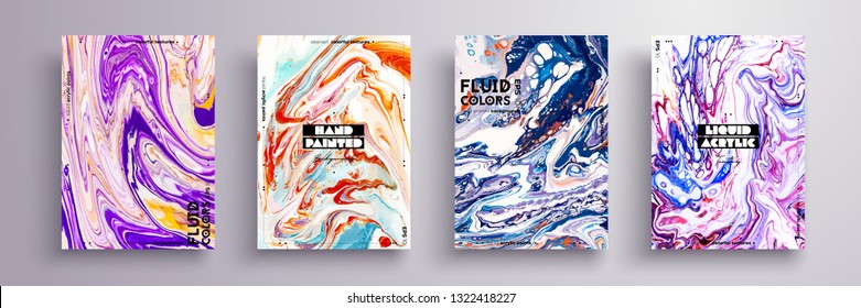 Abstract painting, can be used as a trendy background for wallpaper, poster, invitation, cover and presentation. Fluid art. Liquid marble texture with mixed of acrylic orange, blue, purple paints.
