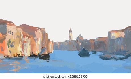 Abstract painting of a canal with boats, featuring vibrant colors and impressionistic style. The canal and boats create a serene, artistic atmosphere. Vintage art illustration, vector.